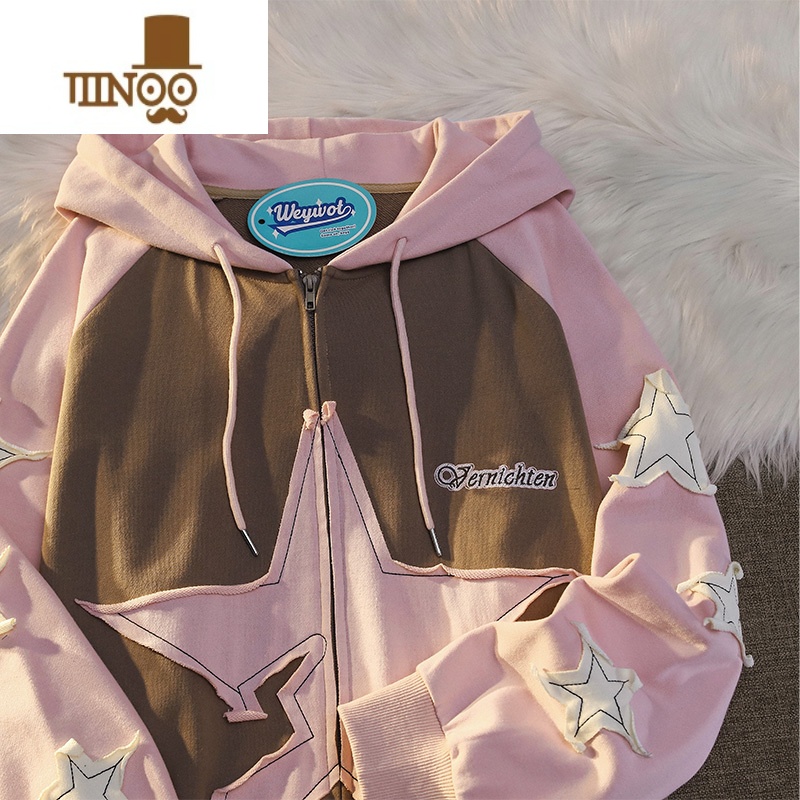 YANXUWEYWOT 国潮牌小众ins星星贴布开衫卫衣男女宽松插肩袖学生党外套高清大图