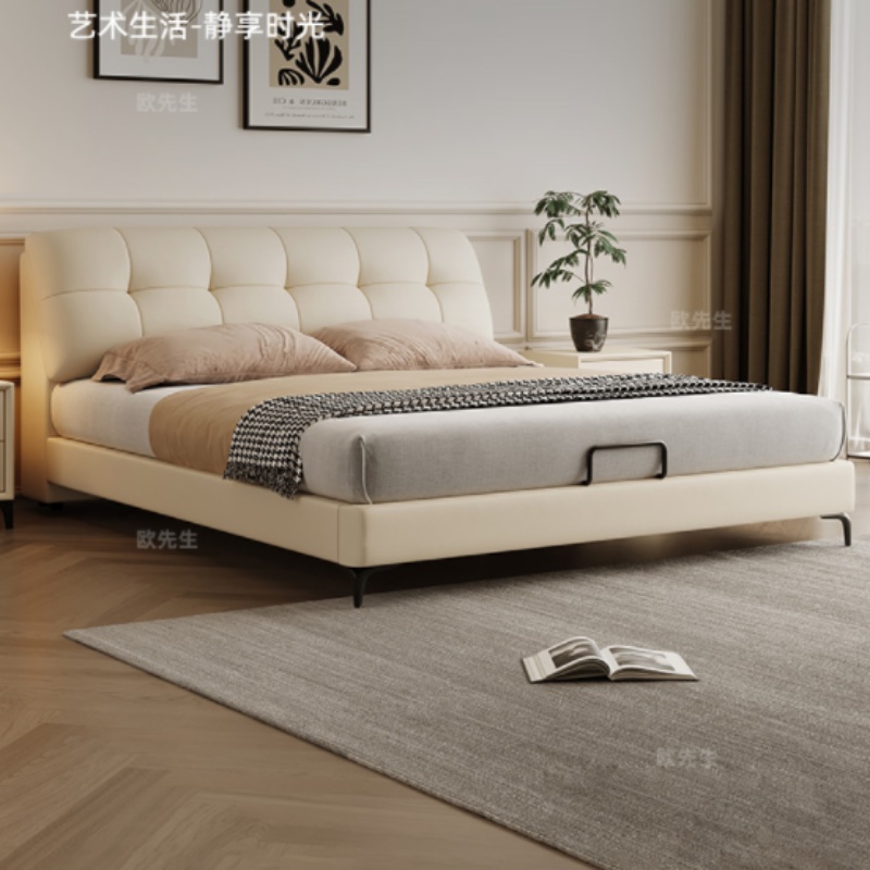 泡芙头层牛皮床主卧次卧双人大床实木真皮极简婚床高清大图