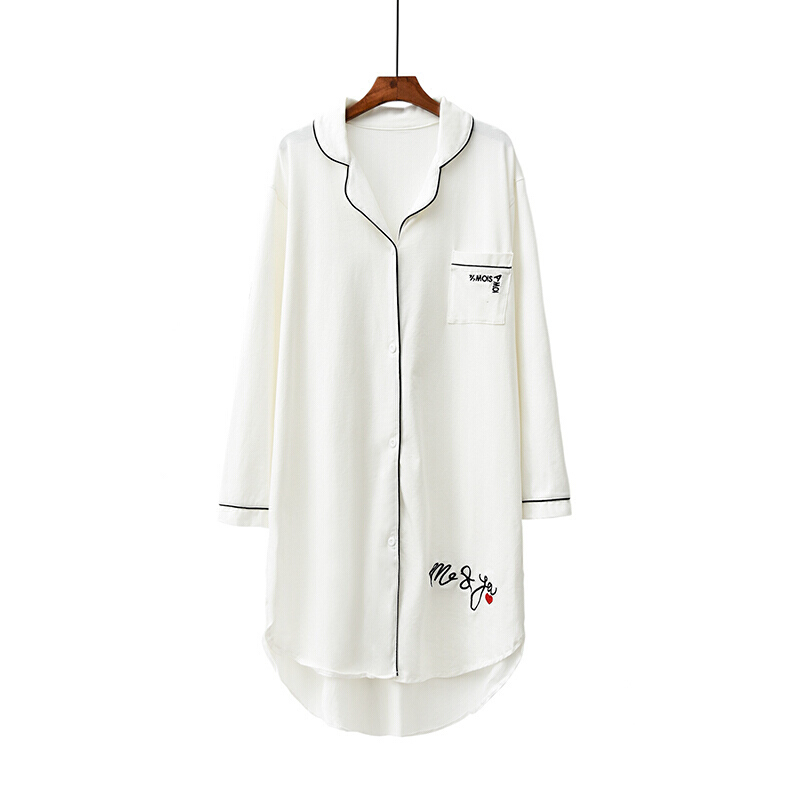 波迷娜（BOMINA)2021新款睡裙棉女春简约长袖开衫翻领刺绣爱心中中裙睡衣 7339藏蓝 均码