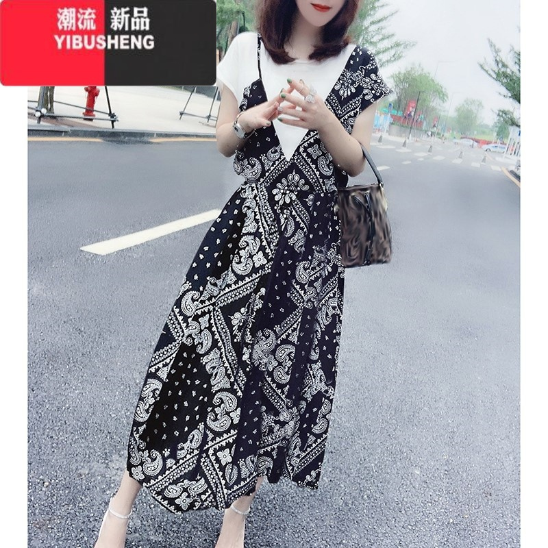 YIBUSHENG短袖t恤雪纺长款上衣过膝假两件季2023新款胖mm大码碎花连衣裙