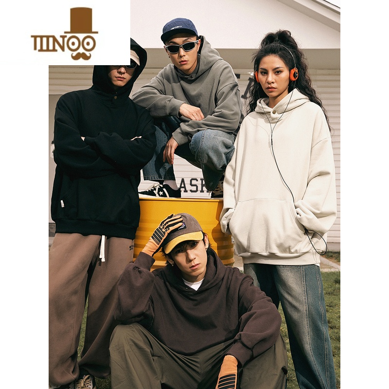 YANXU美式连帽卫衣男2023款宽松潮牌复古情侣纯色套头长袖外套高清大图