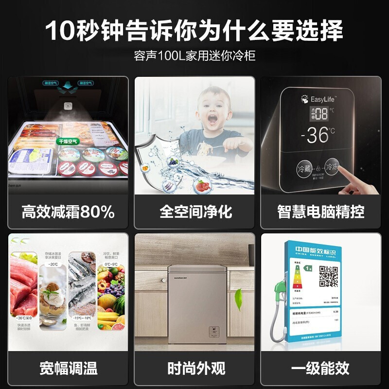 容声(Ronshen) 100升小型冷柜一级能效冰柜家用囤货节能低噪电脑控温冷冻冷藏转换单温柜 145升低霜冷柜[