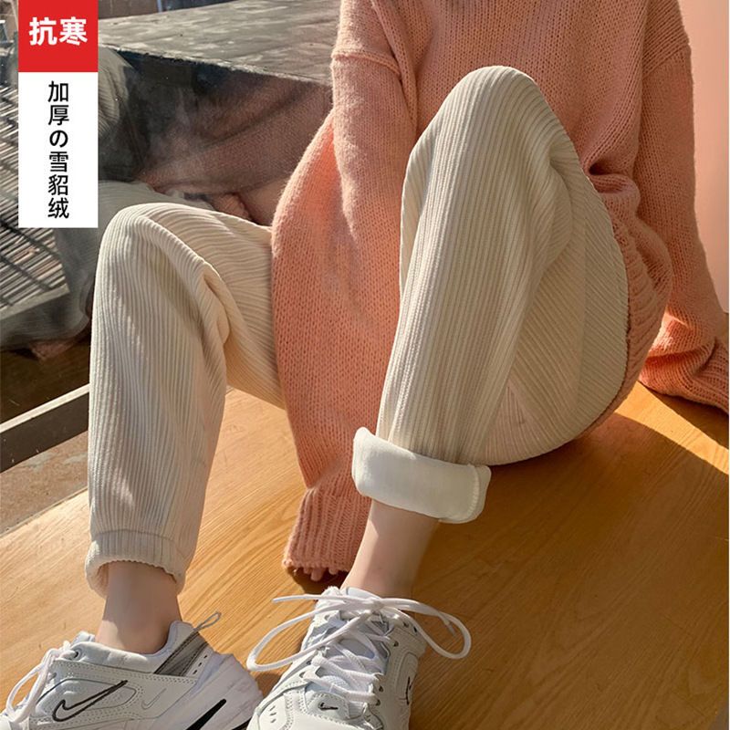 秋冬雪尼尔休闲裤女加绒高腰显瘦老爹裤阔宽松阔腿裤灯芯绒束脚裤
