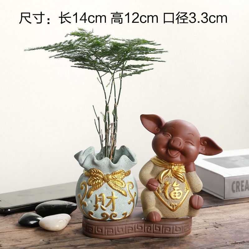 客厅装饰品猪花器摆件花插水培绿植家装饰品笔桶萌物迷你摆件|新品黑衣小和尚盆梅花不带植物
