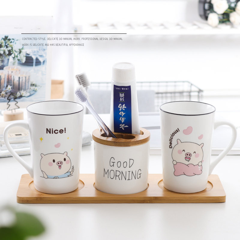 漱口杯陶瓷情侣刷牙杯一对创意洗漱杯子套装牙刷杯CIAA卡通可爱家用 Nice+牙杯+Satisfy四件套