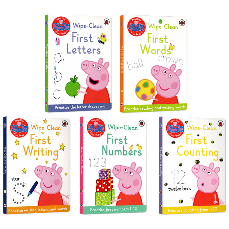 [正版]大开本礼盒装 送擦写笔 Peppa’s Wipe Clean Board Books 小猪佩奇英文原版 粉红猪高清大图