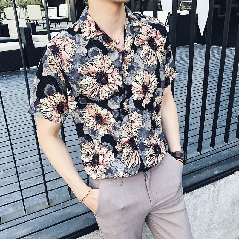 碎花衬衫男士短袖青年时尚印花夏款七分袖衬衣时尚复古沙滩韩版
