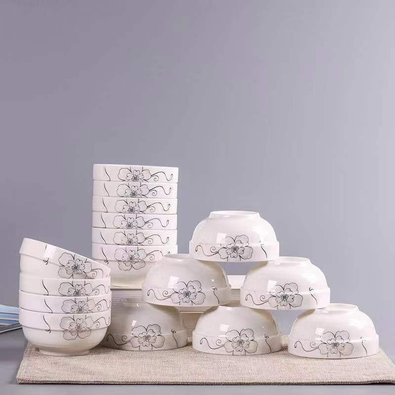 陶瓷碗家用15个4.5英寸米饭碗骨瓷碗烘焙精灵小汤碗饭碗陶瓷餐具可微波炉 野百合 4.5英寸饭碗[10个装]