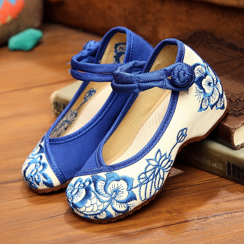 老北京布鞋女童牛筋底民族风儿童绣花鞋布鞋学生鞋舞蹈鞋内增高蓝色25