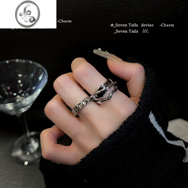 JiMi几何冷淡风ins黑水晶戒指小众设计时尚个性高级感开口戒网红女潮