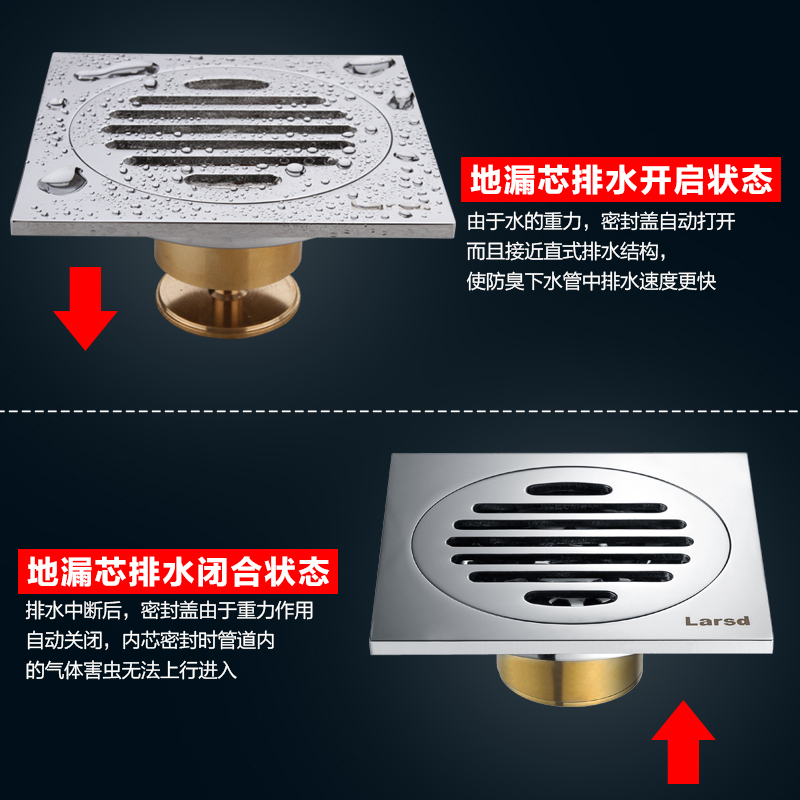 莱尔诗丹 LARSD 全铜质加厚防臭式地漏 50-75mm管 镀铬自动密封地漏 4英寸面板