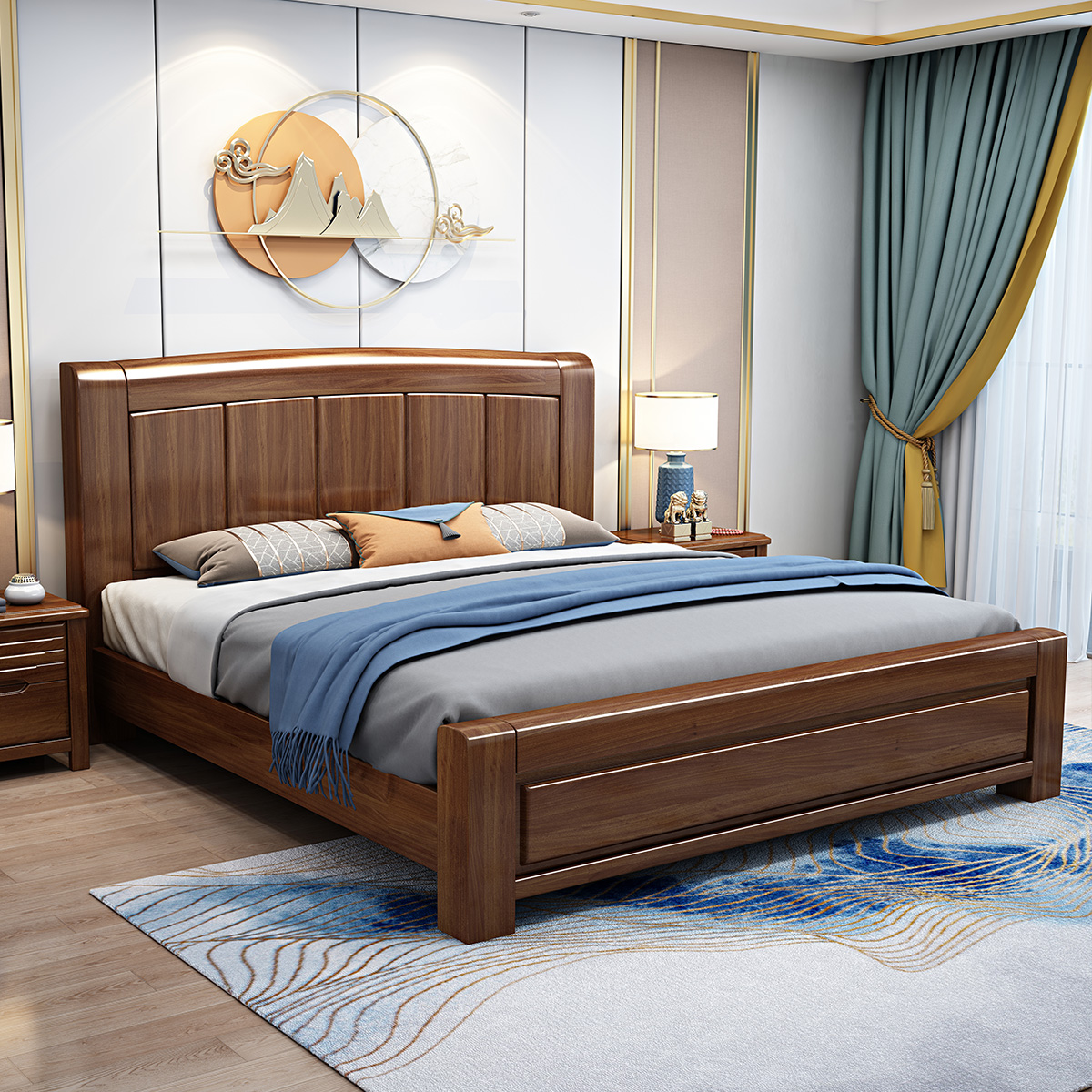 月影梳桐胡桃木实木床1.8米现代中式双人床经济型简约小户型1.