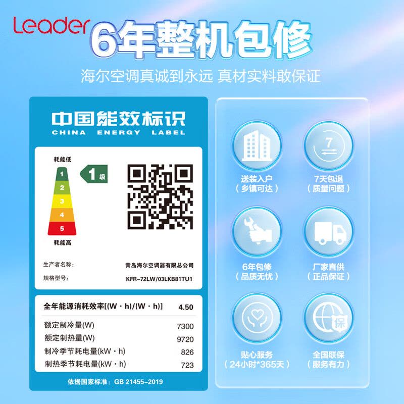 新品统帅leader海尔智家出品空调3匹柜机新一级能效变频立式空调 智慧自清洁 快速冷暖 多维送风 独立除湿元气LKB图片