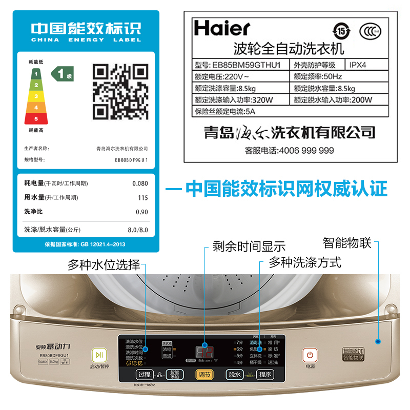 海尔(Haier)EB80BDF9GU1 8公斤 全自动家用波轮洗衣机 直驱变频 幂动力 智能投放 1级能效