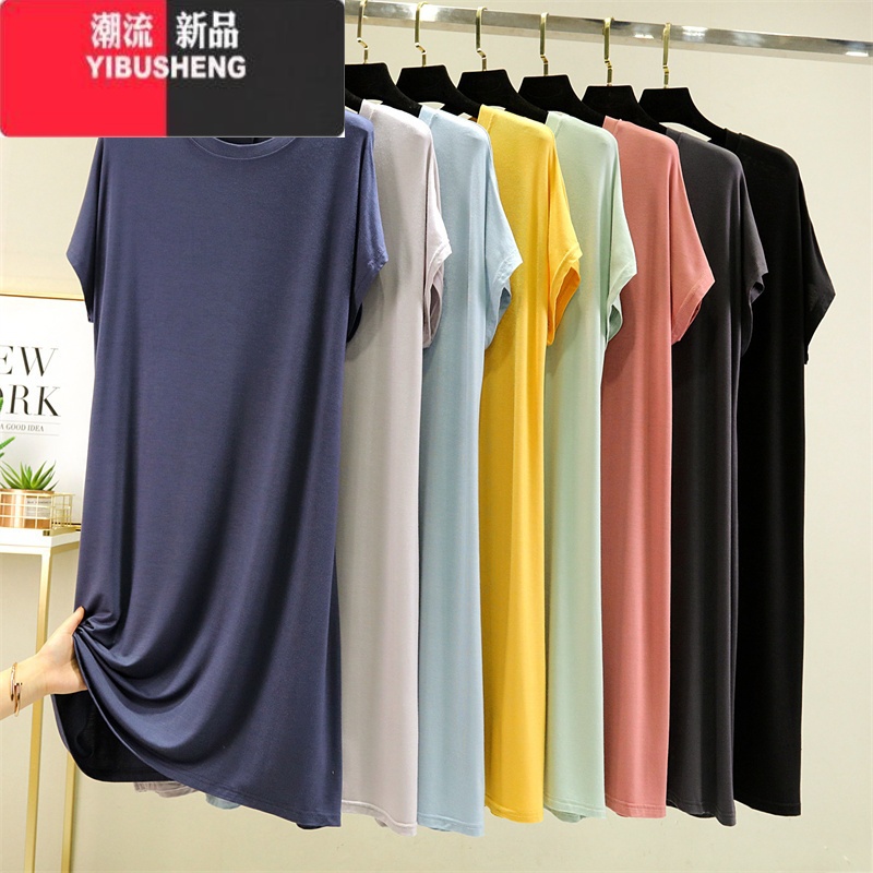 YIBUSHENG莫代尔短袖连衣裙女薄内搭打底裙宽松大码家居睡裙百搭中长款裙子高清大图