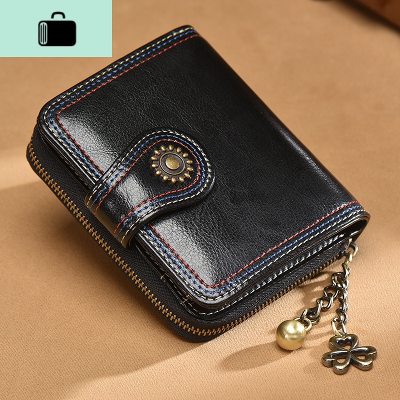 小钱包女短款皮拉链折叠钱夹女士2020新款韩版简约零钱包NEW LAKE 黑色（专利款，牛皮耐脏耐旧）