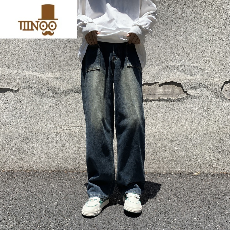 YANXU牛仔裤男夏季美式复古宽松直筒阔腿长裤高街vibe水洗做旧拖地式做高清大图