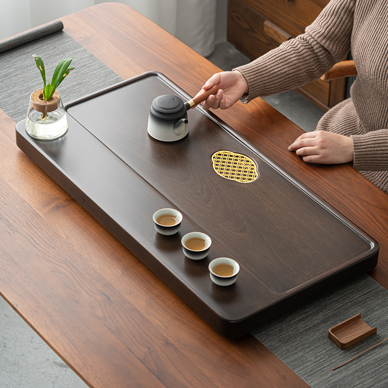 苏氏陶瓷(SUSHI CERAMICS)花梨实木正板切割黑檀木色百川办公家用排水式茶盘