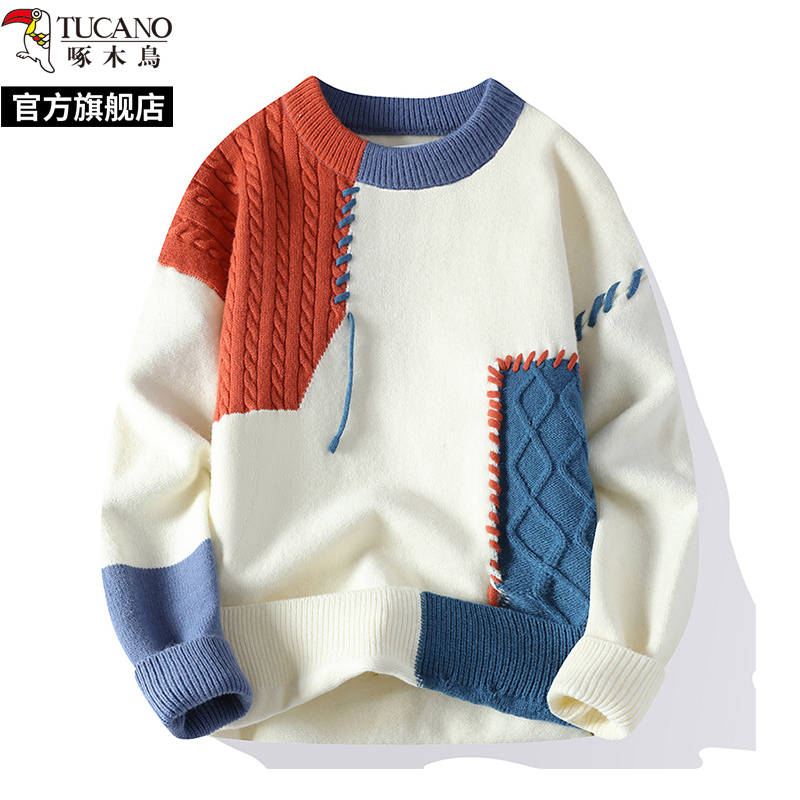 啄木鸟2024冬拼接撞色毛衣男秋季新款加绒加厚美式圆领针织打底衫 橙色 L适合105-120斤