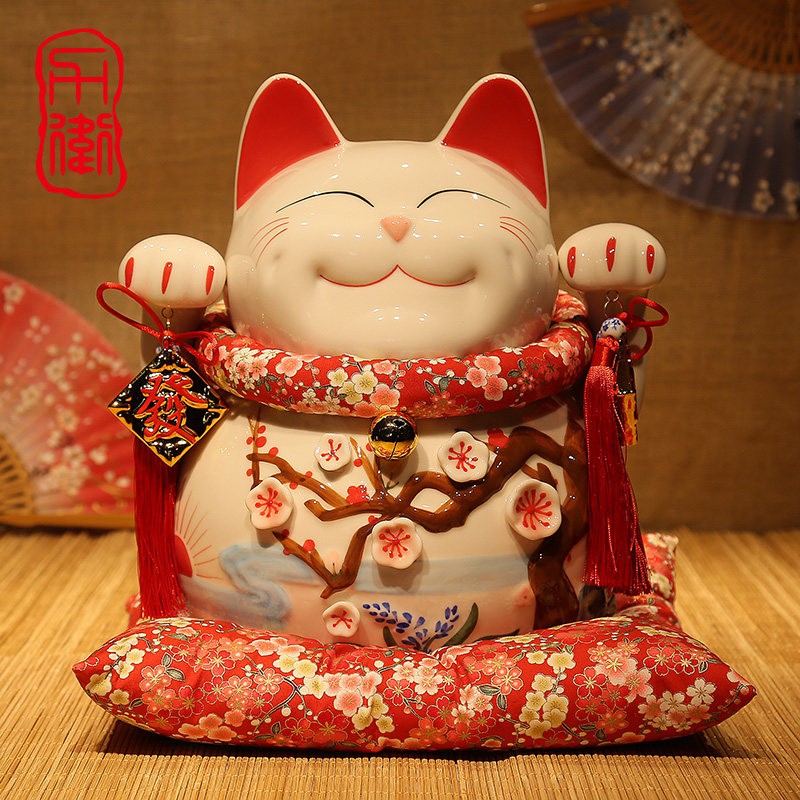 猫摆件 猫大号日本陶瓷储蓄罐 开业搬家摆件 三维工匠 14寸酒窝四季发财（木底座）_119