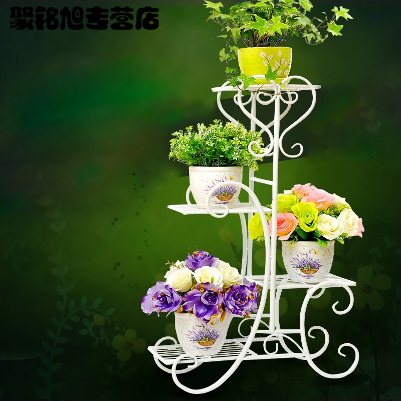 多层室内外欧式花架客厅阳台花架子 铁艺花架落地式花盆架-四层白色