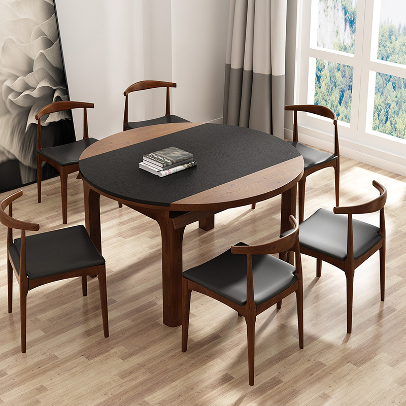 掌上明珠北欧餐桌餐椅组合可伸缩实木火烧石胡桃木方圆桌4-6人