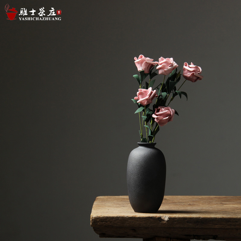 日式粗陶花瓶复古手工拙朴花插陶瓷茶具摆件禅意居家装饰陶艺花器 三维工匠 雅器粗陶黑[款四]高清大图