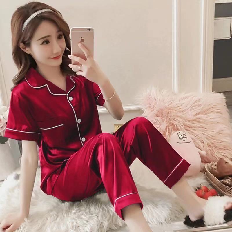 睡衣女夏丝绸短袖长裤睡衣套装冰丝女士韩版大码薄款春秋季家居服