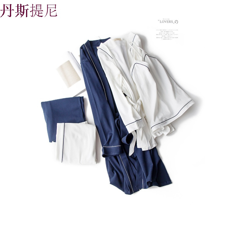 春秋情侣睡衣纯棉长袖夏带三件套和服睡袍男士全棉家居服套装女