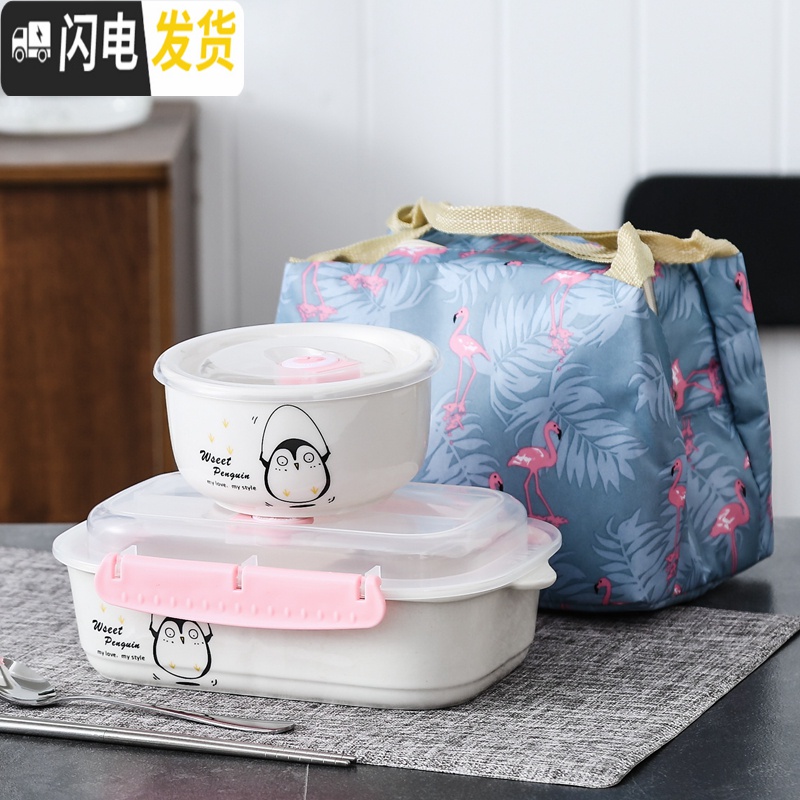 三维工匠陶瓷饭盒便当盒长方微波炉密封分隔碗带盖可扣上班族分格碗保鲜盒 企鹅+汤碗+袋子+勺筷
