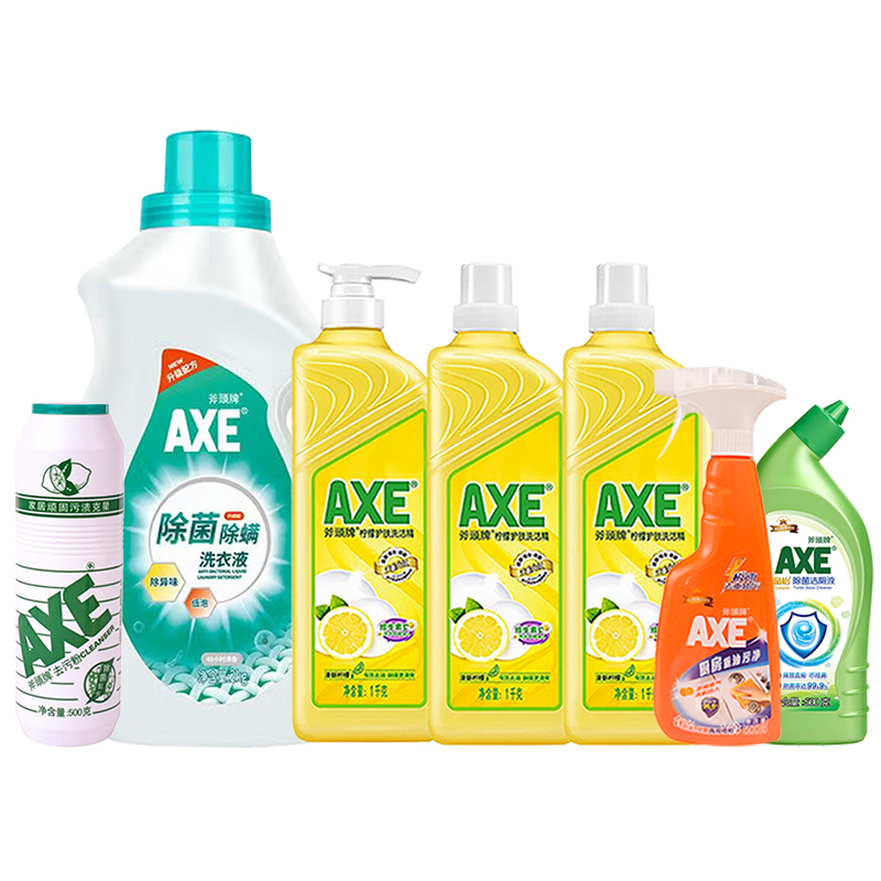 斧头牌清洗套装F洗洁精1kg*3+洗衣液2kg+洁厕液500g+去污粉500g+油污净500g!