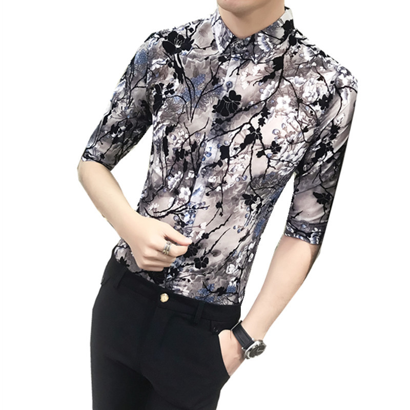 雅痞型男七分袖衬衣韩版修身型师印花中袖花衬衫五分袖工作服男