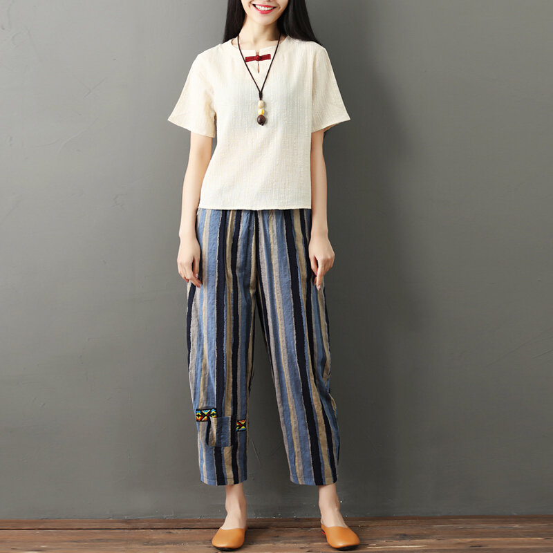 棉麻休闲套装女夏季2018新款大码宽松上衣亚麻阔腿裤文艺两件套潮