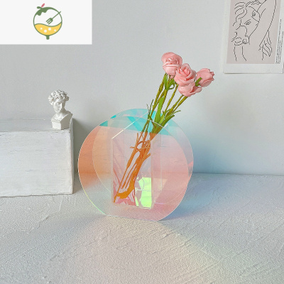YICHENG北欧简约ins炫彩亚克力花瓶透明彩色客厅干花几何鲜花镭射花器 炫彩圆形15*14*6cm