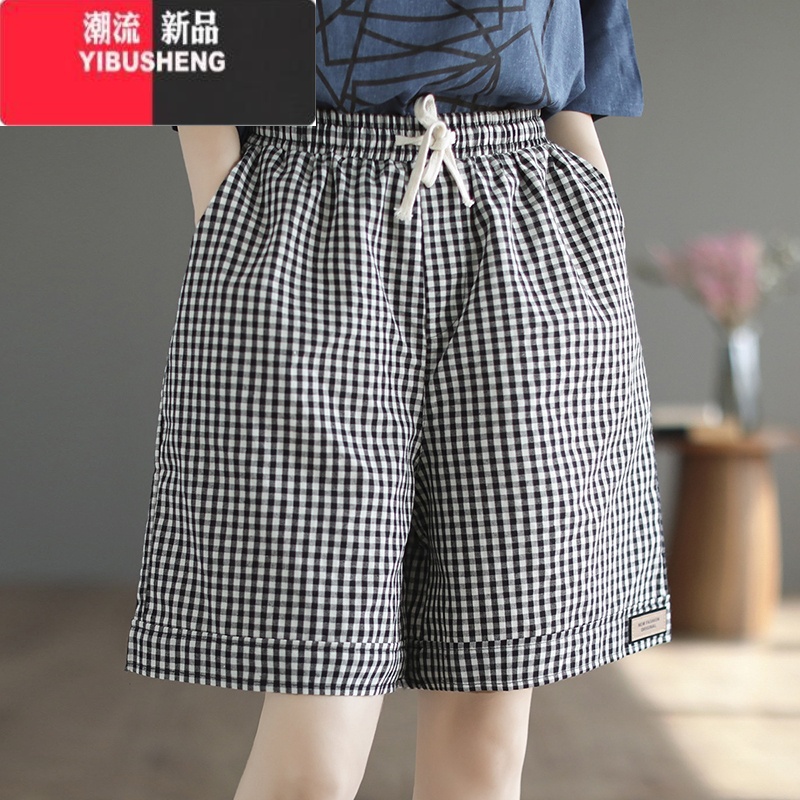 YIBUSHENG大码复古亚麻格子短裤女季2023新款松紧腰薄款休闲裤宽松阔腿裤