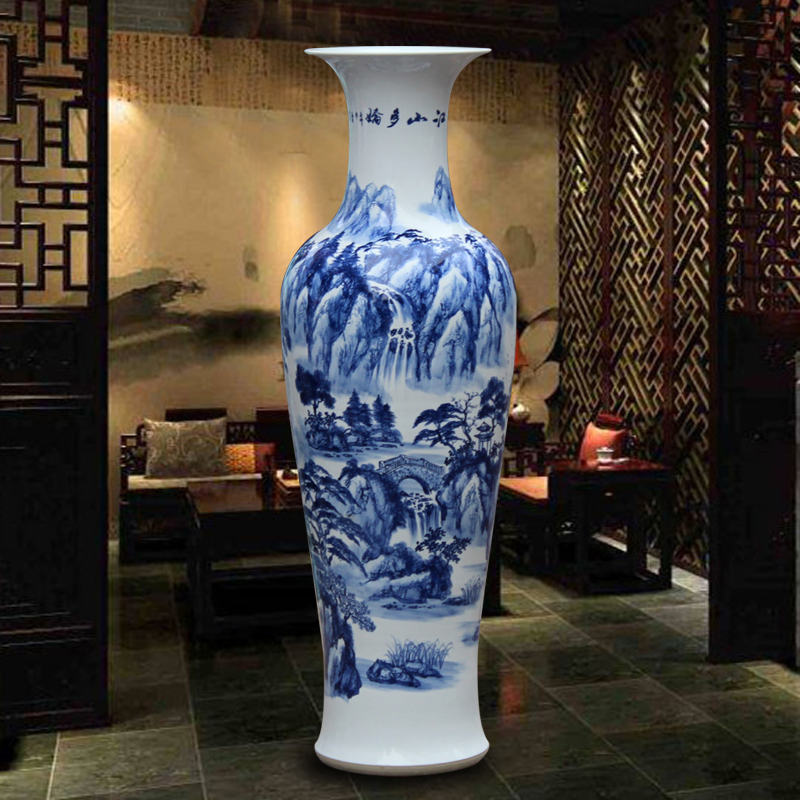 景德镇陶瓷器大花瓶手绘青花山水新房客厅酒店落地装饰品摆件 三维工匠 江山多娇1.2米高清大图