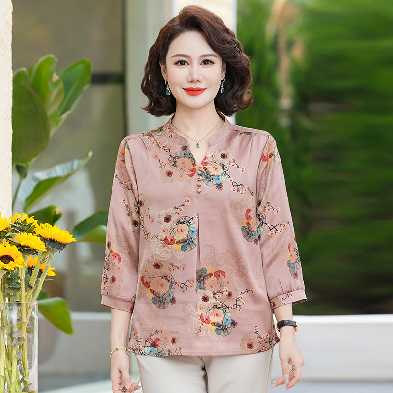 夏季薄款妈妈装大码休闲上衣40岁印花中老年人衣服时尚气质婆婆装