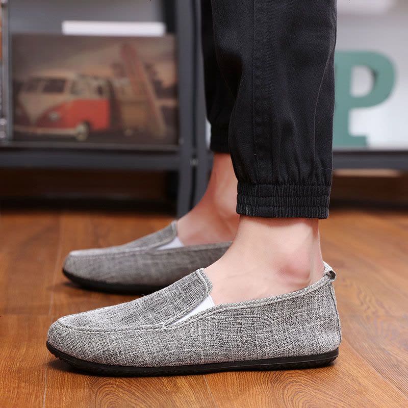 夏季亚麻布鞋男鞋子一脚蹬懒人鞋韩版潮流休闲鞋透气豆豆帆布潮鞋图片