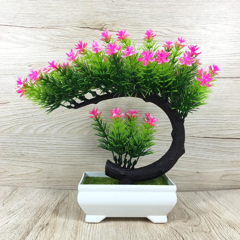 [买花赠盆]假花仿真花装饰客厅摆件塑料花盆栽迎客松茶几隔断层 (创意松树)孔雀枝+花(粉色)