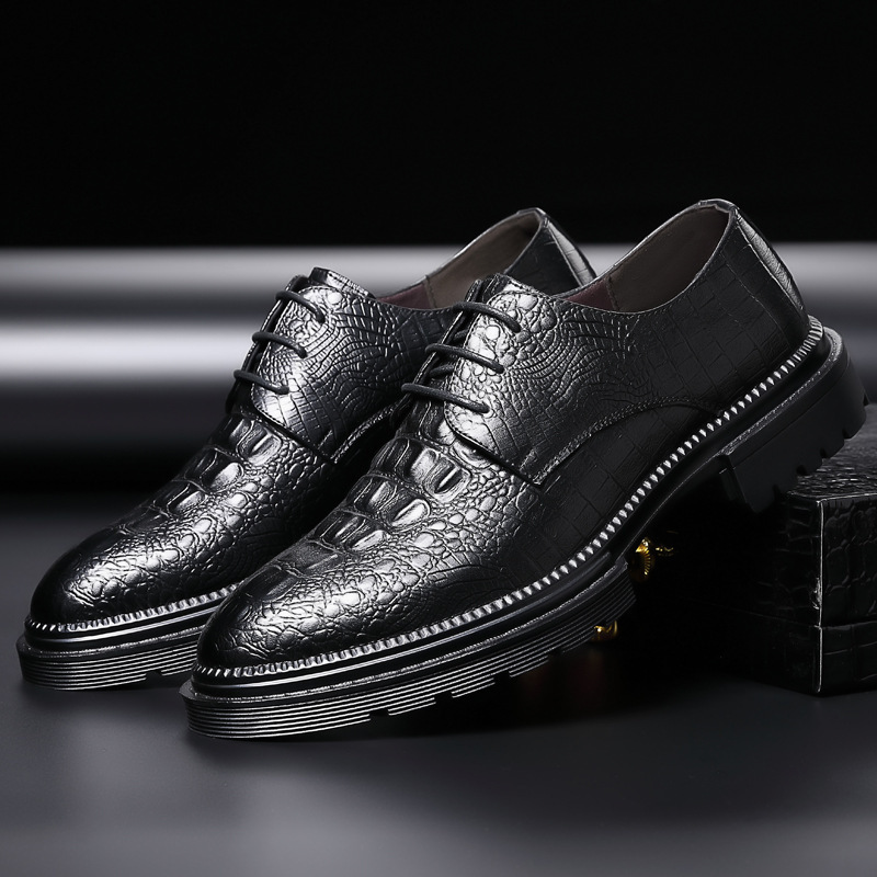 男士鳄鱼纹皮鞋系带男鞋温州正装商务牛皮厚底青年潮流韩版男单