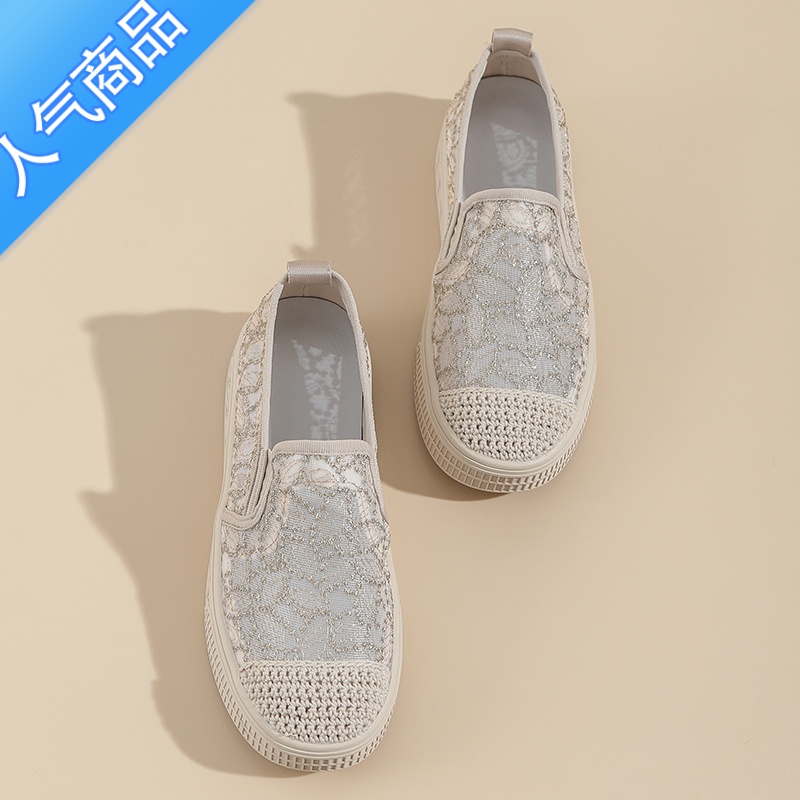 SUNTEK渔夫鞋女蕾丝网面一脚蹬乐福鞋2023夏季新款镂空透气软底休闲单鞋高清大图