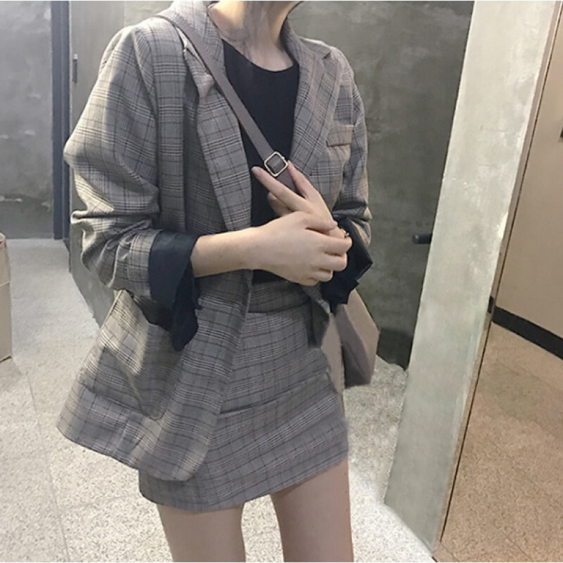 春装韩版复古英伦格子西装外套时尚套装+高腰半身裙短裙两件套女