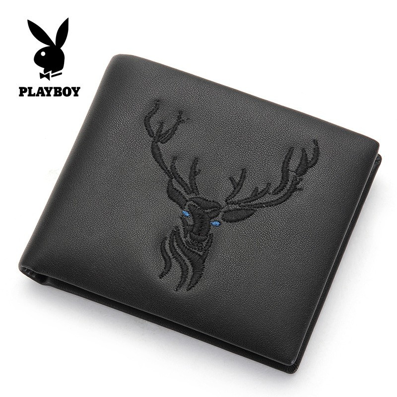 自营 花花公子 男士钱包短款真皮韩版绣花图案头层牛皮青年学生手工