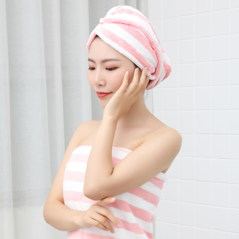 珊瑚绒女干发帽条纹头发速干包头巾浴帽擦头发儿童加厚吸水干发巾 三维工匠 紫白+粉蓝各一高清大图