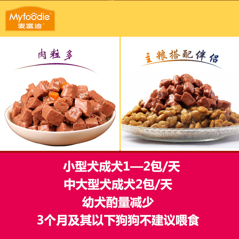 麦富迪肉粒包狗罐头拌饭狗零食幼犬湿粮泰迪比熊小型犬宠物95g*12 混合口味装[牛肉*4包+鸡肉*4包+三文鱼*4包]高清大图