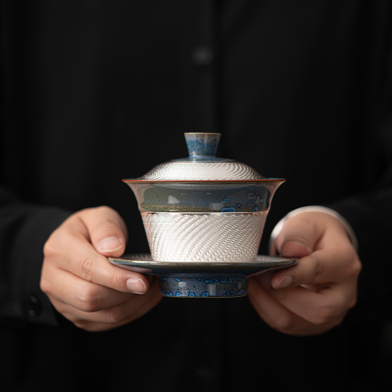 苏氏陶瓷(SUSHI CERAMICS)国礼蓝黛鎏银三才盖碗大套组功夫茶具非遗大师郑文强作品