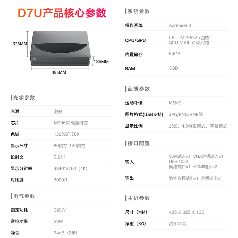 [新品]长虹(CHANGHONG)D7U 4k激光电视超高清护眼大屏智能3D家庭影院无线wifi客厅别墅办公会议室白天抗光超短焦投影电视TV D7U单主机送3个3D眼镜高清大图