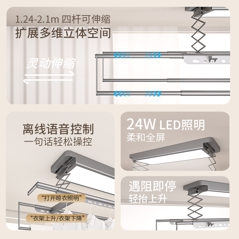超薄大灯照明款智能电动晾衣机 电动晾衣架 可替代阳台灯 语音+遥控版 星空灰高清大图