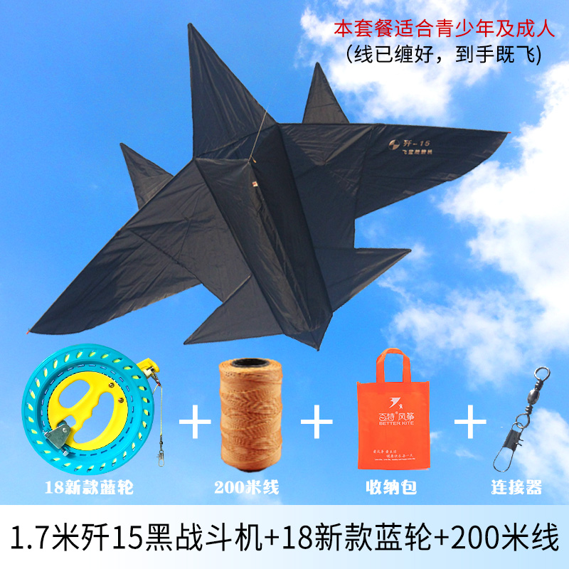 潍坊风筝飞机风筝 大小长尾战斗机卡通儿童风筝多造型易飞创意 三维工匠 1.7米歼15黑色战斗机+18新款蓝轮+200米线高清大图