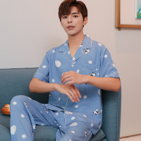 男士棉绸睡衣夏季短袖人造棉家居服日式简约加大码宽松绵绸套装薄 5269短长浅蓝波点熊猫 L